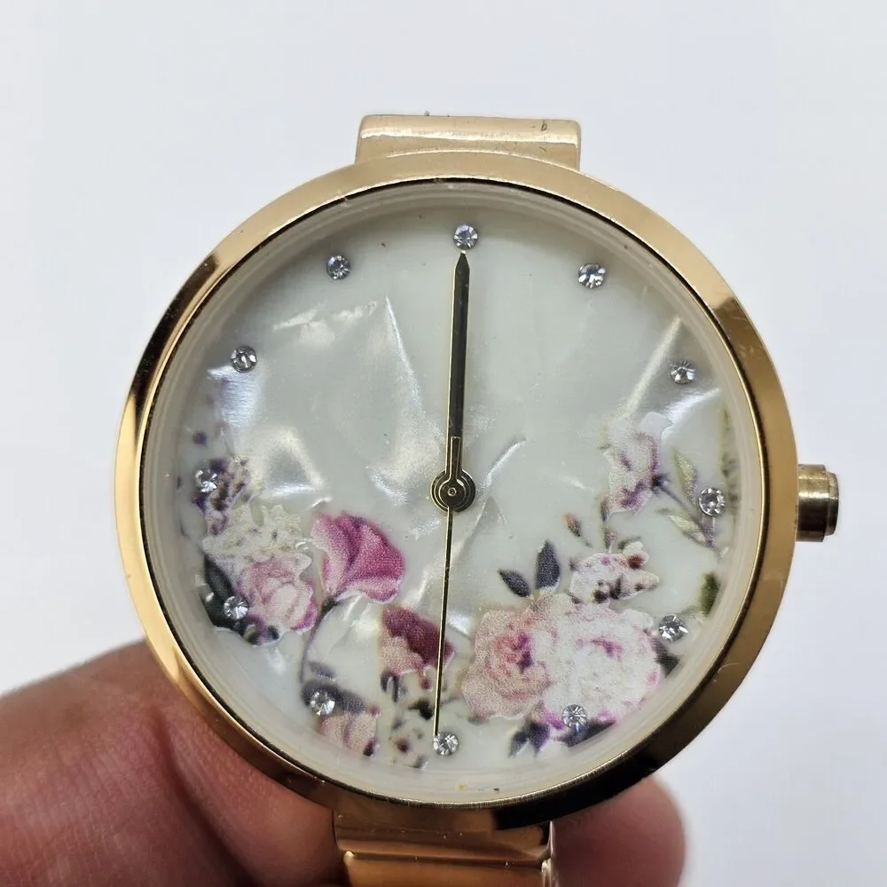 34MM Flowers Dial‎ Women's Watch Gold Tone Bracelet Band 7.25